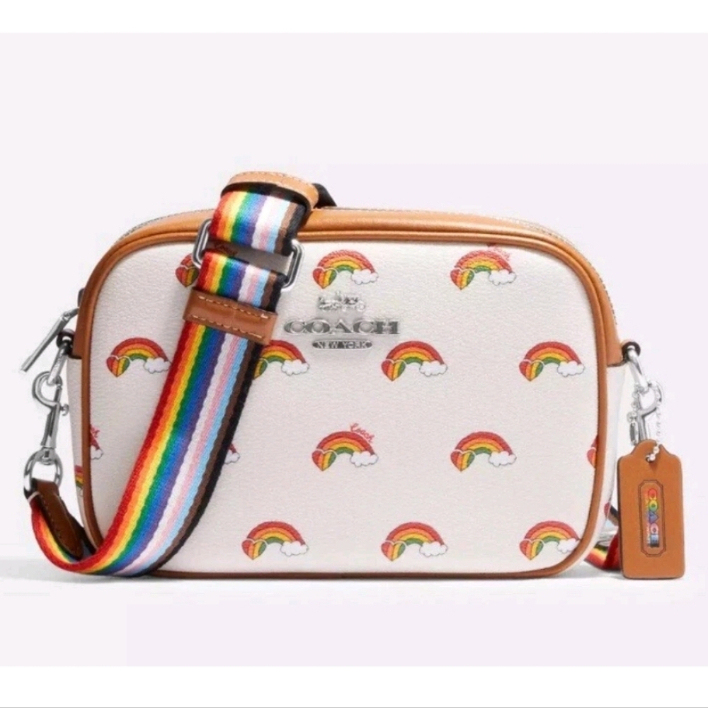 🎁NWT Coach CJ647 Mini Jamie Rainbow Print Adjustable Unisex Camera Bag, Cute!